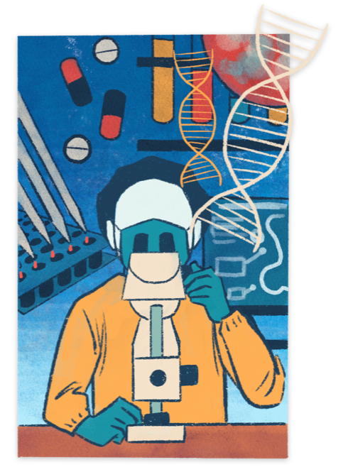 A cartoon image of a scientist with a microscope